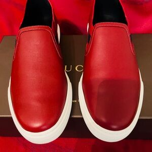 Gucci Men’s Red Leather Slip-On Sneakers with White Sole